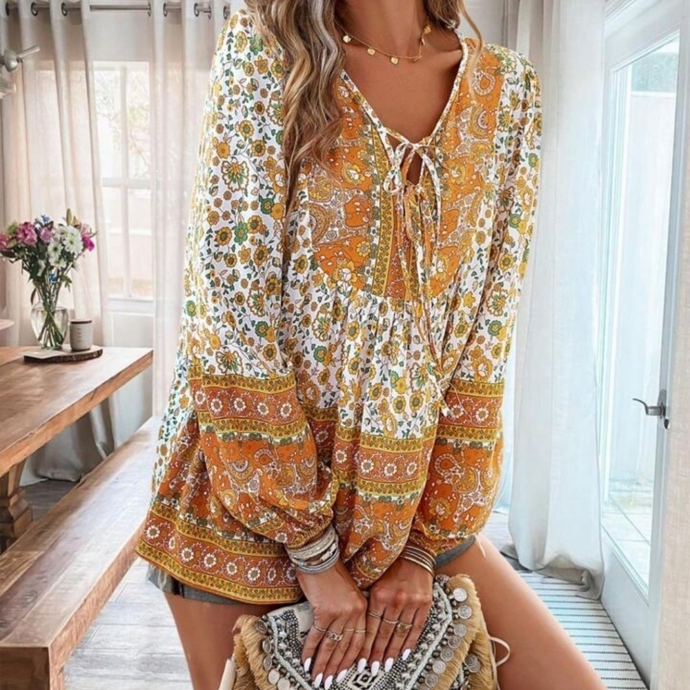 VCAY Floral Print Lantern Sleeve Cream & Green Color Women's  Top Size XL